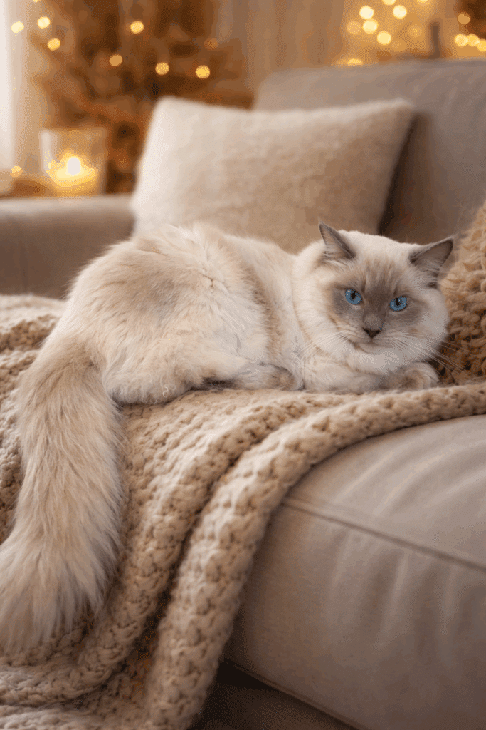 Chat Ragdoll aux yeux bleus sur canapé : ambiance cosy. Chat Ragdoll aux yeux bleus, détendu sur un plaid tricoté beige sur le canapé. Lumière douce et bougie.