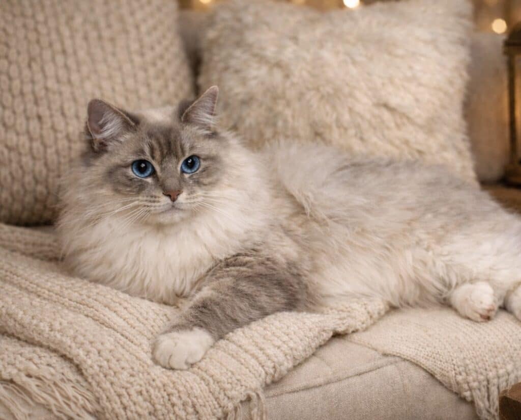 Chat Ragdoll : regard bleu intense sur plaid douillet Magnifique chat Ragdoll aux yeux bleus lumineux, allongé sur un plaid en maille beige dans une ambiance cosy. Fourrure grise et blanche.