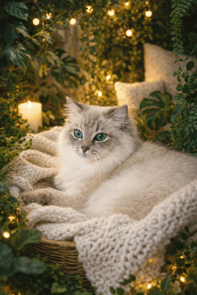 Chat Ragdoll aux yeux bleus dans un nid douillet illuminé Magnifique chat aux yeux bleus, couché sur couverture tricotée crème. Scène cosy avec plantes vertes, bougie allumée et guirlandes lumineuses.