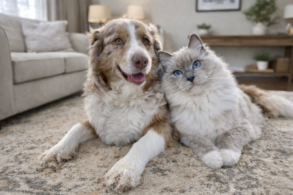 Chien et chat amis : adorable Ragdoll et berger australien. Berger australien souriant et Ragdoll aux yeux bleus posant amicalement côte à côte sur un tapis. Ambiance chaleureuse du salon.
