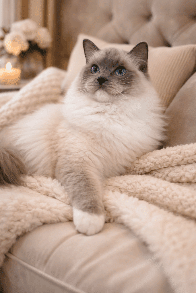 Ragdoll aux Yeux Saphir : Chat adorable dans un décor cozy. Gros plan d'un chat Ragdoll aux yeux bleus, pelage fluffy, confortablement installé sur une couverture beige sherpa, regard curieux.