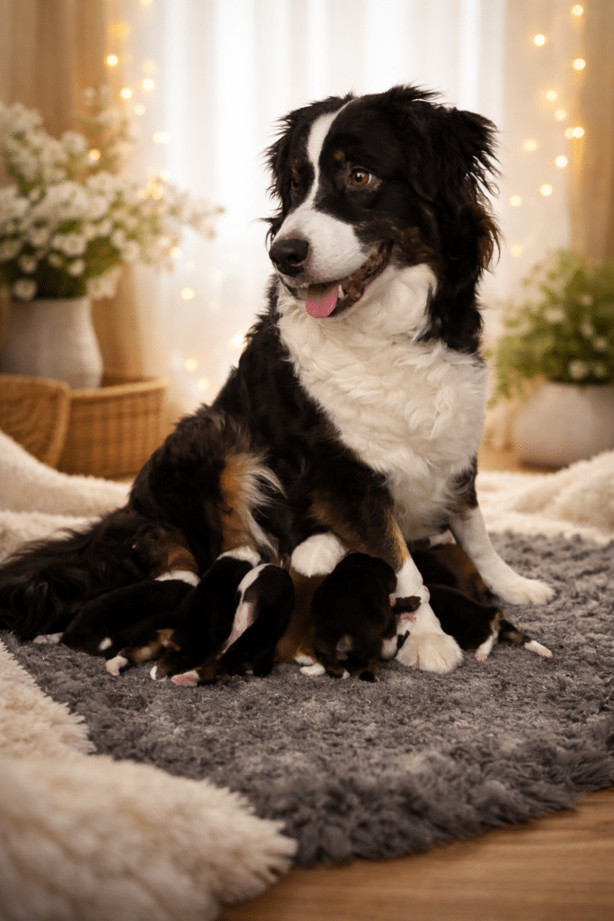 Chienne tricolore et ses chiots nouveau-nés sur un tapis gris, décor chaleureux avec guirlandes lumineuses.
