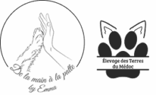 Logos De la main à la patte by Emma et Élevage des Terres du Médoc avec main, patte et oreilles d'animaux.