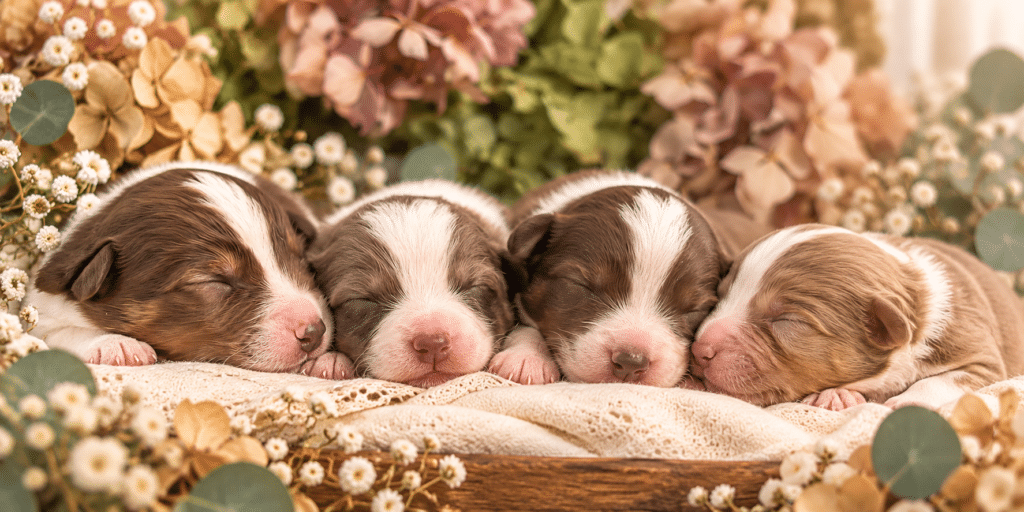 Quatre chiots nouveau-nés marron et blanc dorment paisiblement parmi des fleurs séchées et de la dentelle.